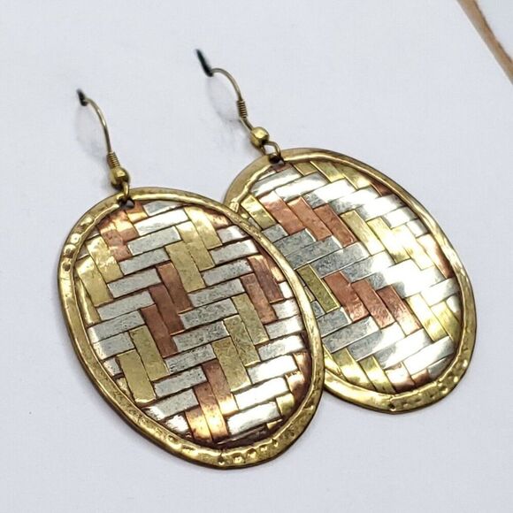 Boho Earrings Copper Brass Silver Geometric Herringbone Dangle Drop Oval - Picture 2 of 3